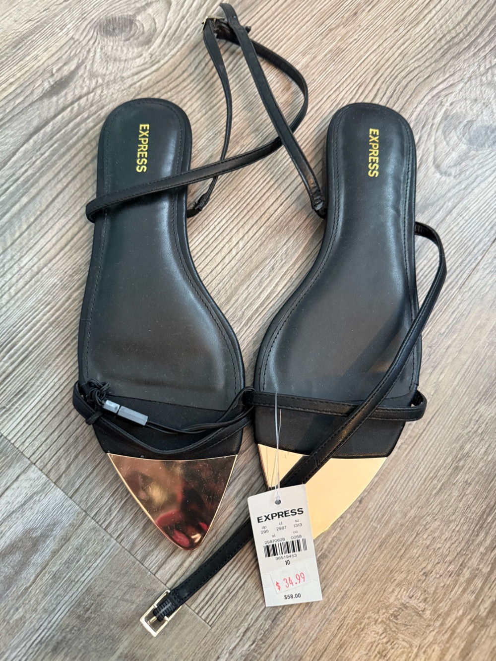 Express Black Strappy Sandals with Gold Pointed Caps